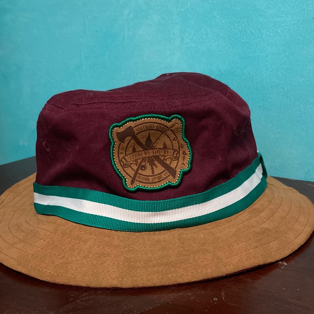Kids Maroon and Tan Bucket Hat with Green Ribbon